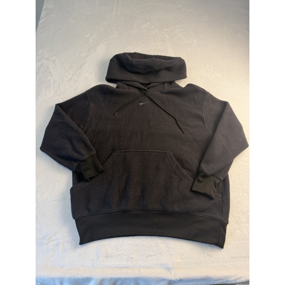 Nike Mens Black Sherpa Fleece Pullover Hoodie Center Swoosh Kangaroo Pocket Sz M - Picture 2 of 8